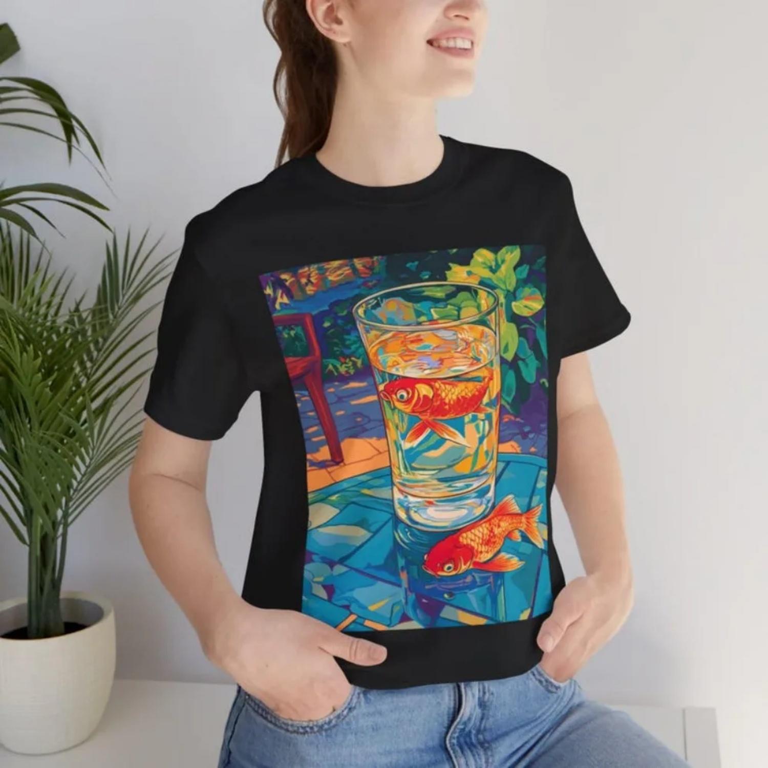 

Goldfish in Glass Shirt Pop Art Fish Tee Colorful Aquatic Art T-Shirt Modern Fashion Men Summer Tops Daily Life Women Cotton Tee S чёрный