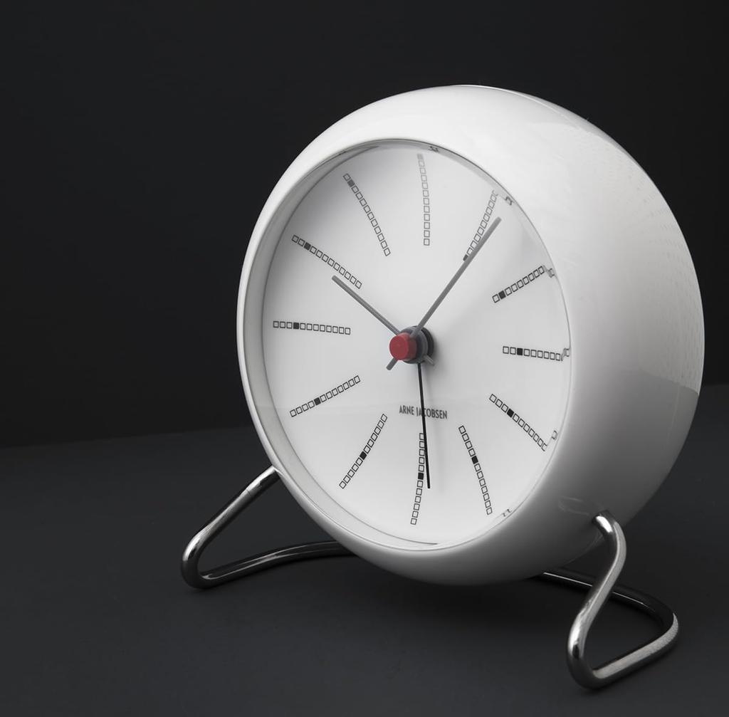 ARNE JACOBSEN Budzik stołowy 11 cm Skandynawski design Retro Alarm Dźwięk BANKERS 43675 Biały (Cichy projekt)
