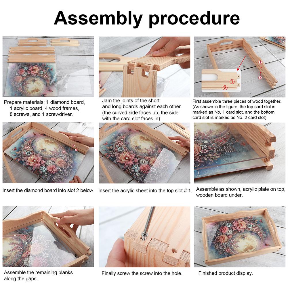 Wooden Girl Girl Diamond Painting Tray Handicraft with Handles Rectangular Diamond Decorative Serving Tray for Desk Coffee Table