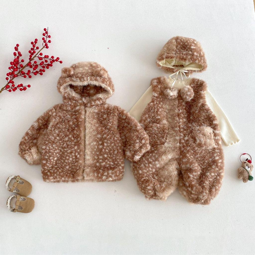 Children's Winter Deer Hooded Romper: 2025 Korean-Style Fleece-Lined Pants for Girls - Super Cute!