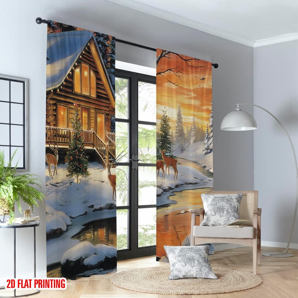 2pcs 2D flat printing Fashionable Christmas Curtains Cozy Cabin Deer Christmas Scene Digital Printed Polyester Drapes Holiday