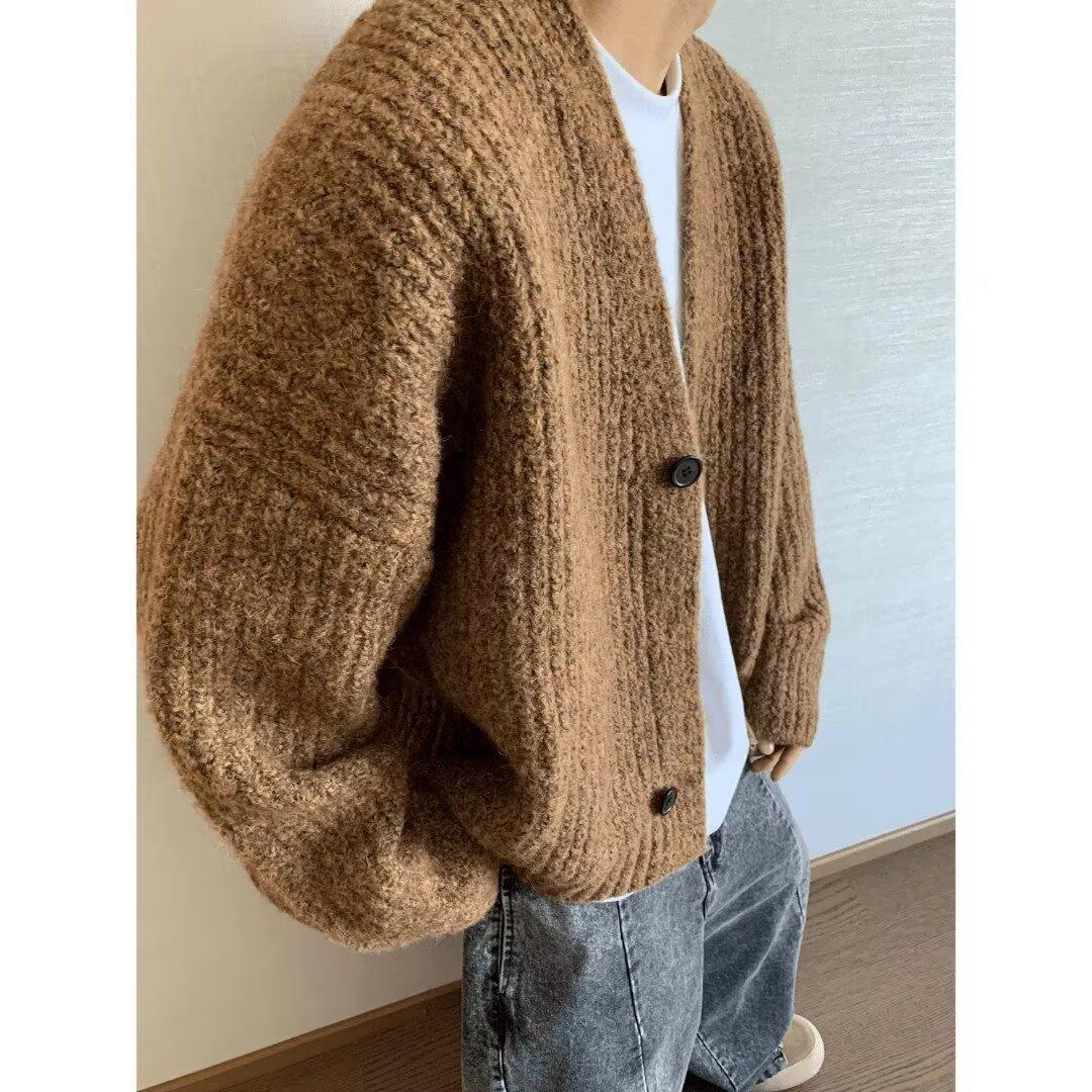 

Men s High-End Retro Chunky Knit Mixed Color Cardigan Sweater for Autumn/Winter XL кавовий