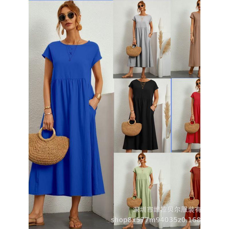 Short-Sleeve Pocket Women's Dress Short Sleeve Loose Pockets round Neck Pleating Dress