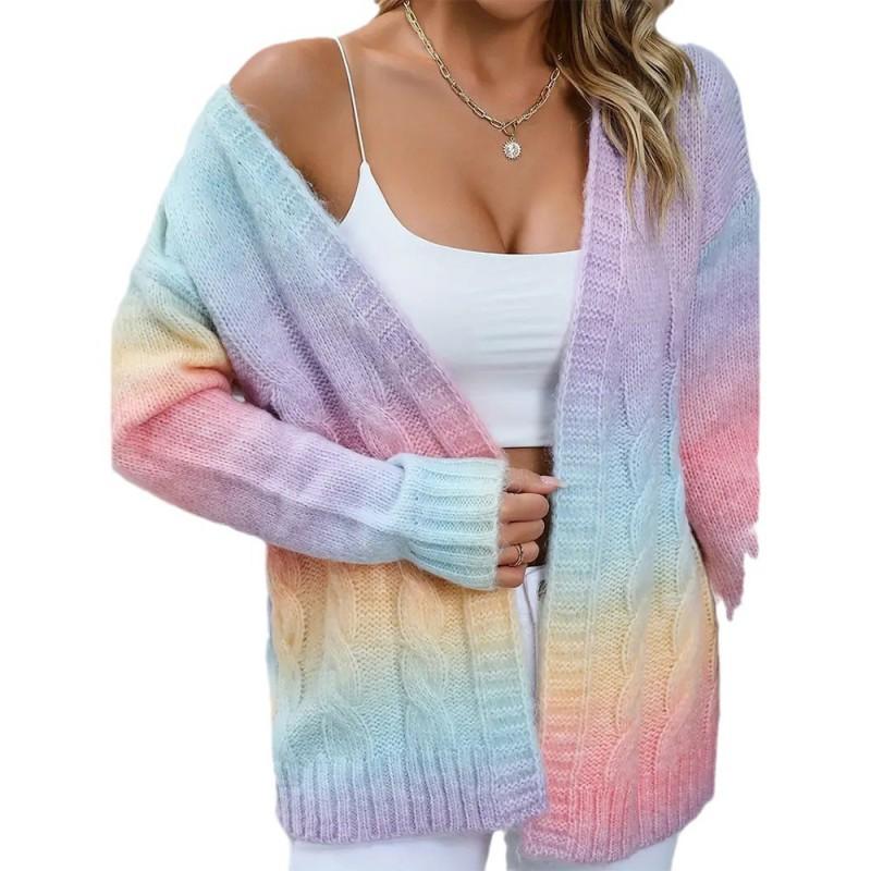 Womens Winter Rainbow Cable Knit Cardigan Sweater Long Sleeve Open Front Cozy Streetwear