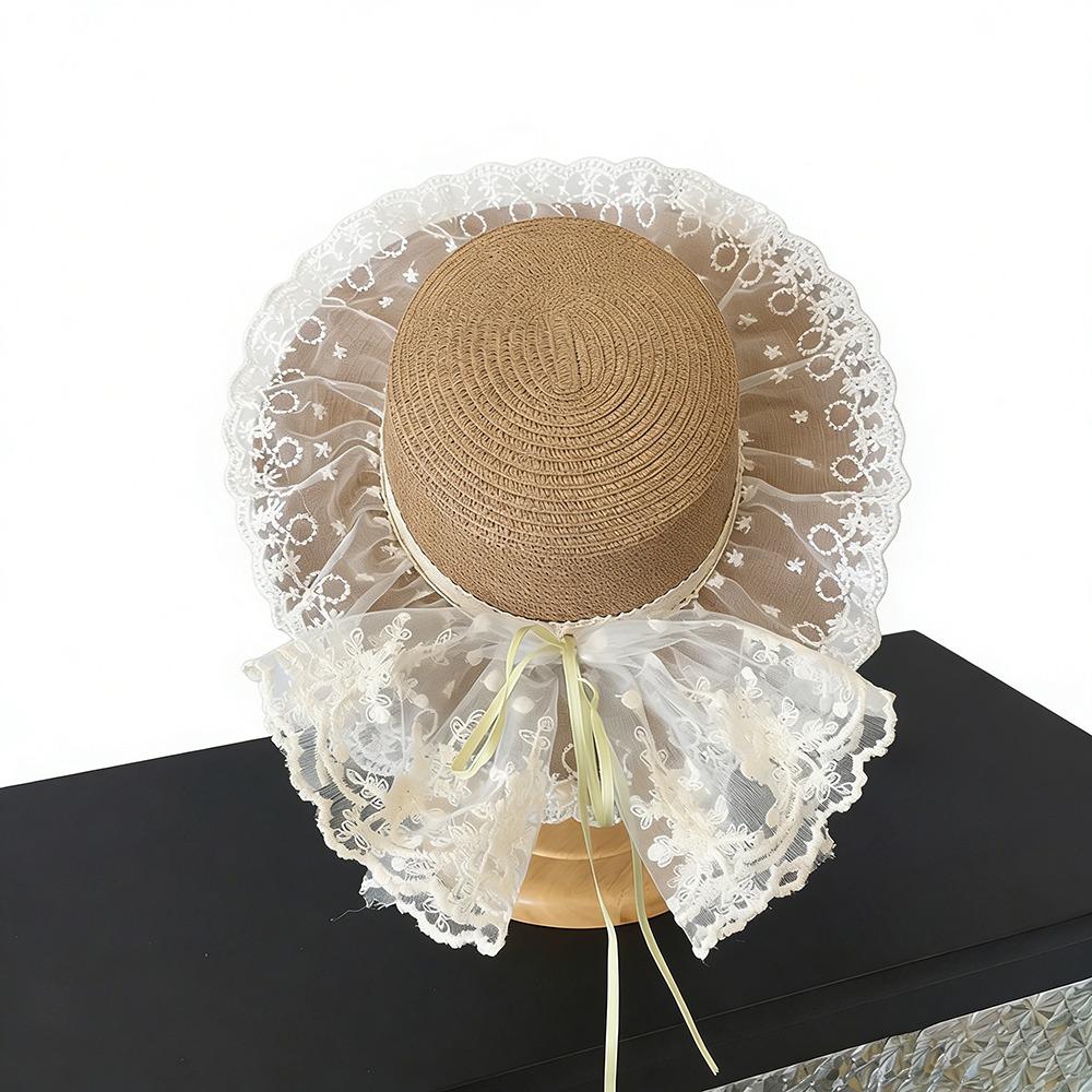 Floppy Lace Bow Sun Hat Breathable Straw Lace Ruffle Beach Hat Adjustable Wide Brim Hat Summer Beach хаки