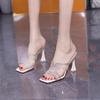 Fashion Transparent Square Head High Heels with Rhinestones for Women's 2025 Summer New Pink, Not Tired, Thick Heels, and Cool Slippers