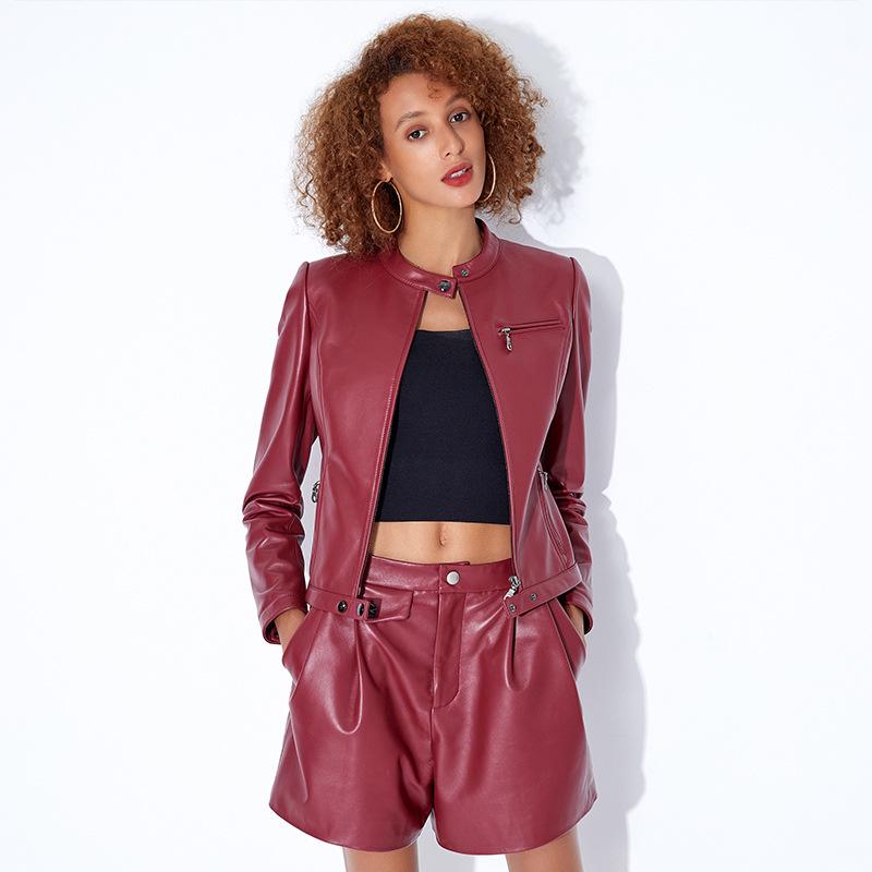 

2025 Spring Women s Petite Burgundy Sheepskin Leather Jacket S (80-90 jin)