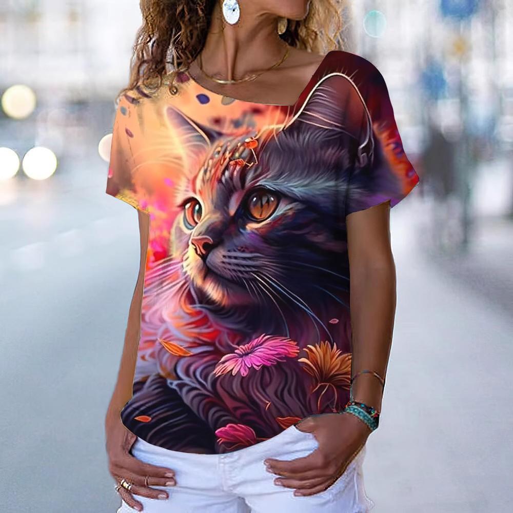 New Diagonal V-neck T-shirt for Women, Short Sleeved Summer Clothing, Animal Printed Loose Cat T-shirt