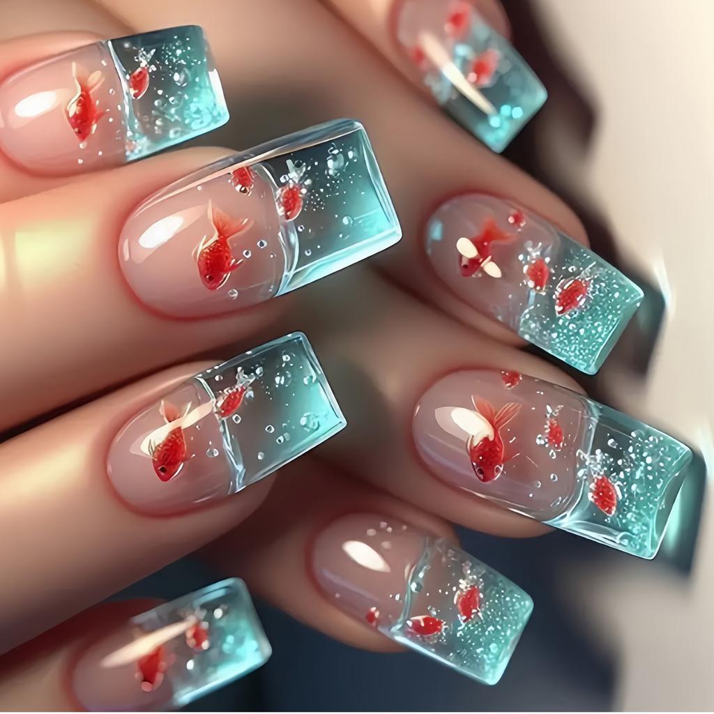 Aufdrücknägel Lang Quadratisch Falsche Nägel mit Fischdesigns Künstliche Nägel Niedlich Glänzend Aufkleben Künstliche Nägel für Damen