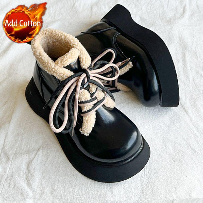 Fashion Round Toe Lace-up Chunky Snow Boots for Women Leather Plush Booties Comfortable and Elegant Footwear Autumn Winter Woman Shoes