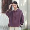 Johnature Women Vintage Shirts Tops Turn-down Collar Solid Color Blouses Autumn Button Soft Shirts