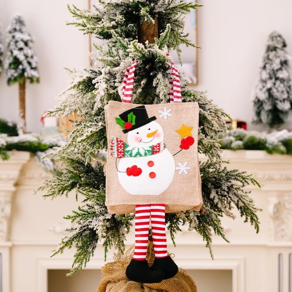 

Cartoon Christmas Gift Bag Santa Claus Snowman Reusable Xmas Gift Wrapper Linen Christmas Decoration Long-legged Handbag 14x16cm