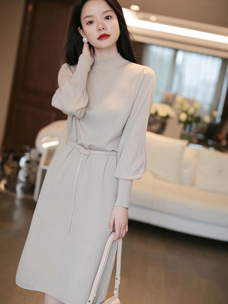 Half turtleneck medium and long solid color sweater knitted dress women's autumn and winter simple and thin bottoming skirt