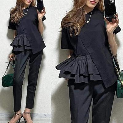 Short Sleeve Tshirts Women Ruffles Patchwork Fashion T Shirts High Street Casual All Match