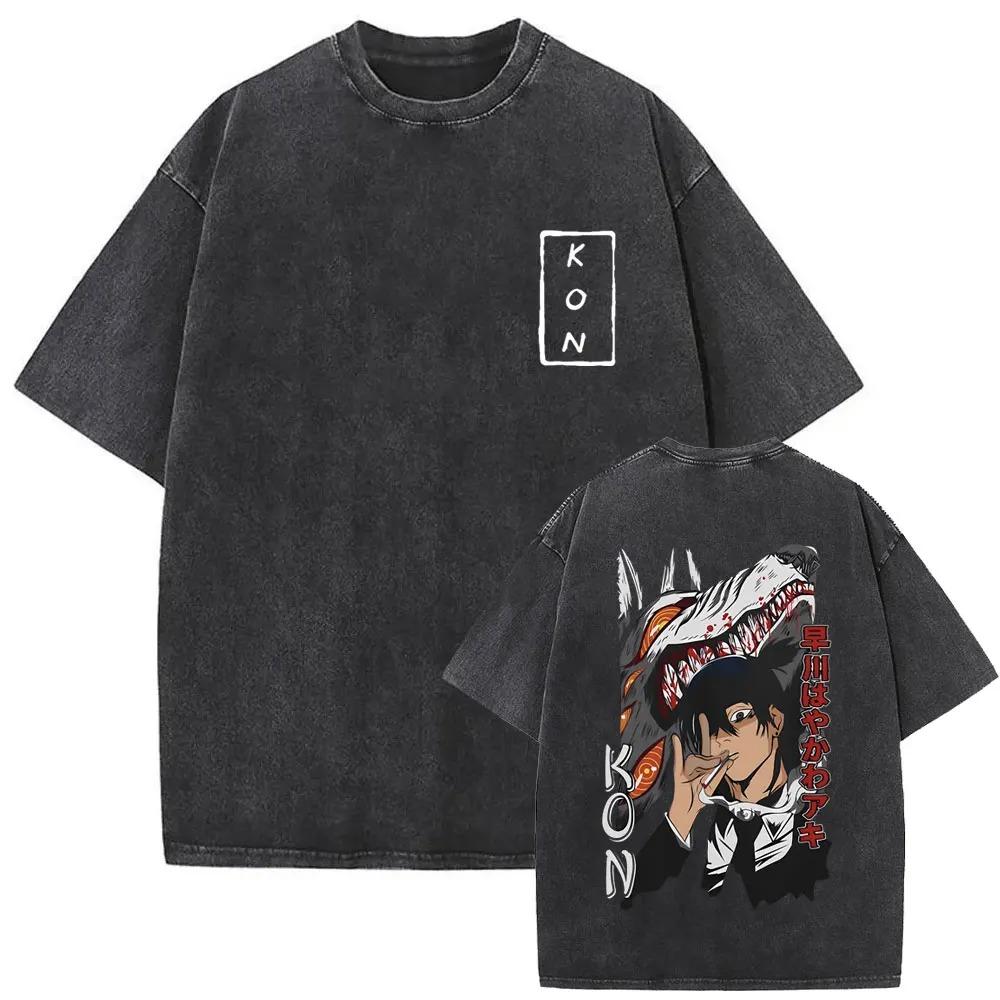 2026 Anime Chainsaw Man Vintage Washed T-shirt Hayakawa Aki Summon Kon Fox Devil Graphic T Shirts Men Women Casual Fashion T-shirts