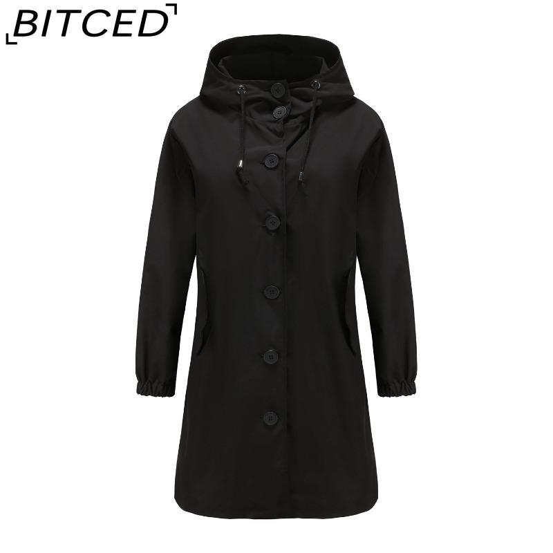 BITCED Autumn/Winter Water-Repellent Hooded Trench Coat Women's Casual Long Coat Loose Fit Plus Size Outdoor Rainwear