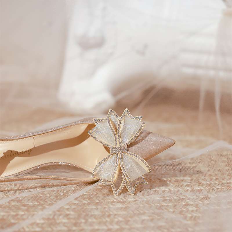 Bow high heels women's niche design sense crystal shoes bride wedding dress wedding shoes thin heel temperament bag head sandals women