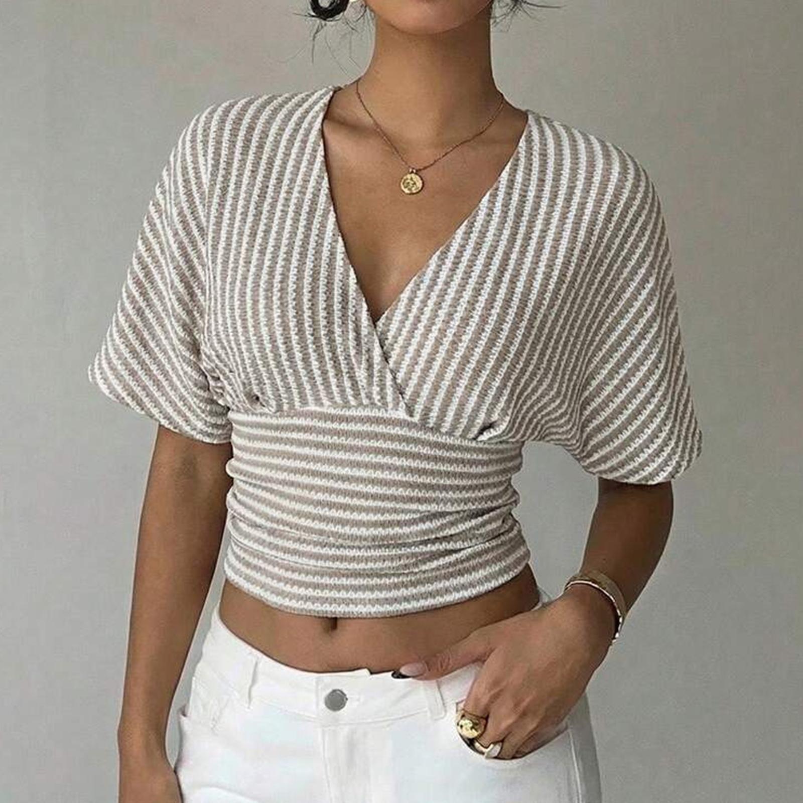 

Women V Neck Striped Short Sleeve Casual Top Relaxed Fit Ruched Waist Lightweight Pullover Blouse for Daily Wear L бежевый