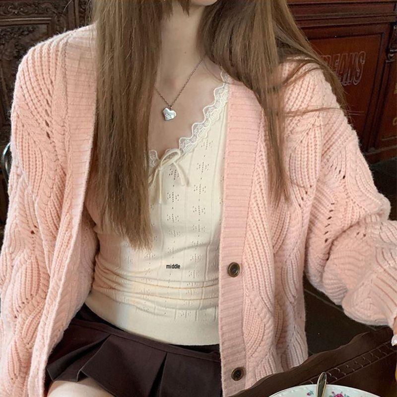 Women's Pink Knit Cardigan Sweater Coat - Korean Style, Loose Fit, Autumn/Winter.