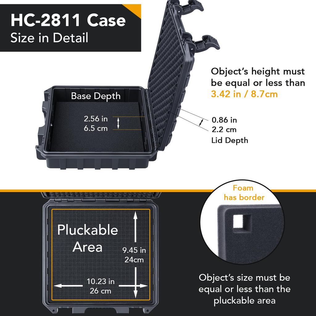 Lykus HC-2811 Waterproof Hard Case with Built-in Lattice-Cut Foam, Interior Dimensions: 28.4 x 26.3 x 8.7 cm (10.2 x 10.2 x 3.3 in) for Pistols,