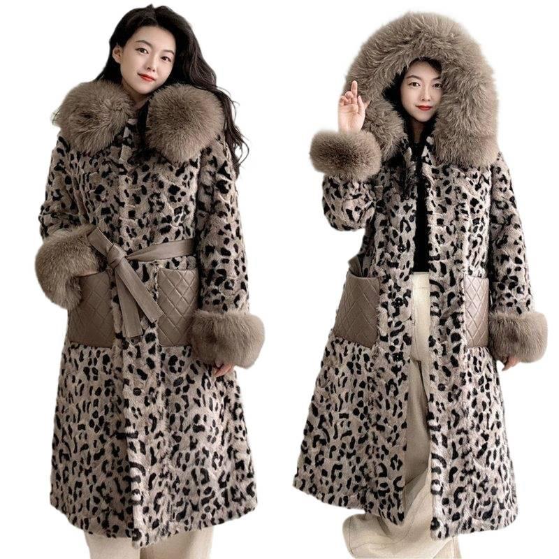 Autumn and Winter Leopard Print Imitation Leather Thickened Imitation Mink Coat Imitation Fox Fur Collar Cotton Clothes Women's Hooded Fur Coat