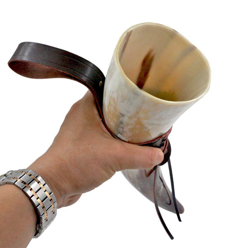 Viking Horn Mugs-Handmade Home Real Viking Drinking Cup with Leather Straps Beer Wine Goblet Chalice Tankard Ox Horn Beaker Vessels