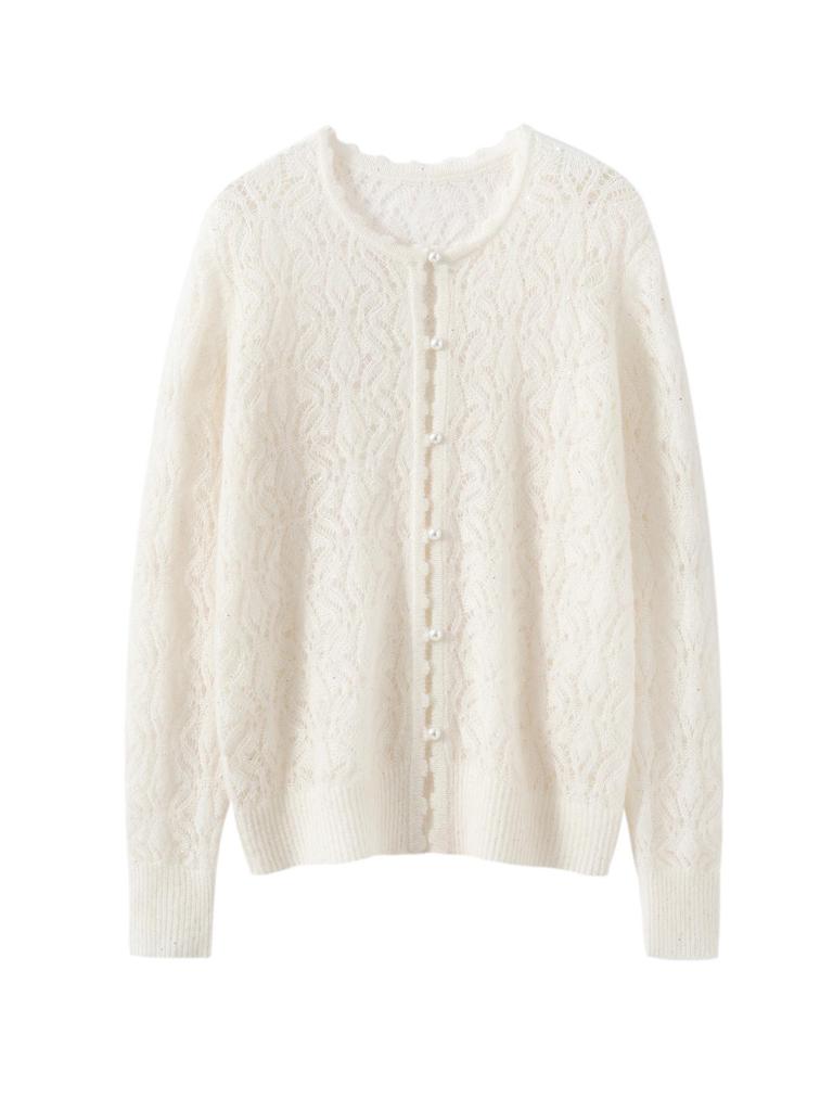 2026 Autumn Women's Cashmere Silk Round Neck Cardigan - Thin Crochet Outerwear