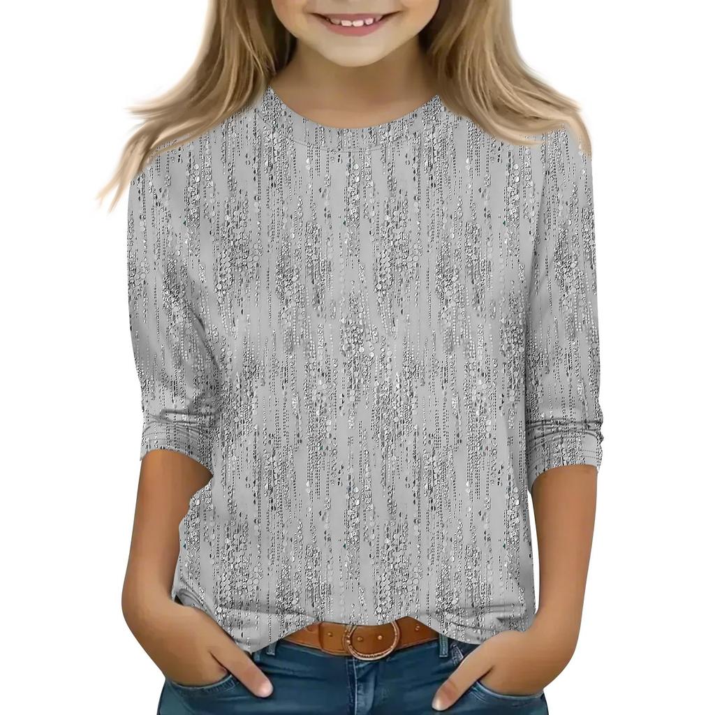 Children's 3/4 Sleeve Tops Casual Print T Shirt Round Neck Pullover Blouse