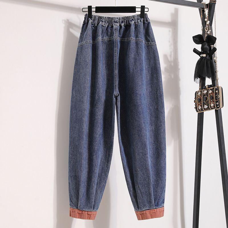Plus Size Women Jeans Pants Vintage Denim Harem Splice Female Elastic Basic Blue High Waist Trousers
