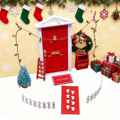 11Pcs Doll Houses Miniature Christmas Decor Set Plastic Tree Lights Wreath Mailbox Fairy Doors DIY Scene Kit Red Themed Accessories