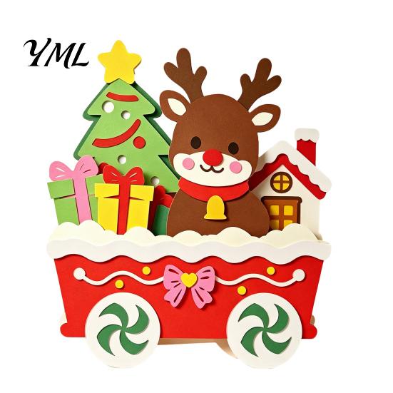 Christmas Party Supplies Wooden Cart Tabletop Decorations, Xmas Figurine Ornament with Snowman Winter Theme Decorations Elk Penguin, Festive