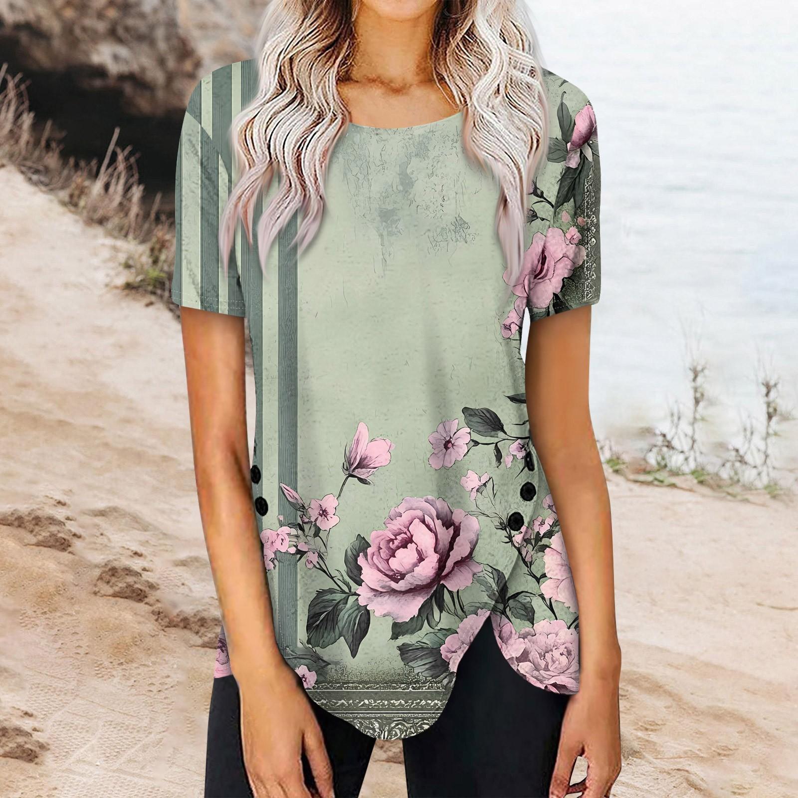 

Женская мода повседневная блузка с коротким рукавом и круглым вырезом с принтом на пуговицах сбоку XXL