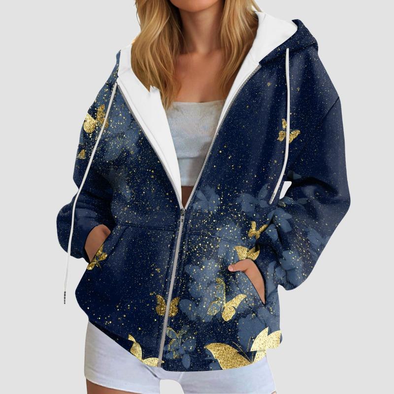 Graphic Stylish Print Women'S Hooded Sweatshirt Oversized Zipper Cardigan With Pocket Trendy Long-Sleeve Casual Hoodie Jacket