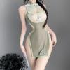 Chinese Cheongsam Sexy Lingerie Perspective Embroidery Qipao Mini Skirt Green Pink Women's Cosplay Costumes