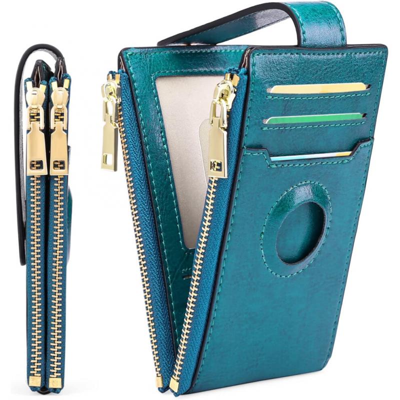 Womens AirTag Wallet Genuine Leahter Bifold Credit Card Holder with Built-in Integrated Case for AirTag Blue