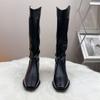 New Black Square Head Boots for Women, Thin Pleated High Boots In Autumn and Winter, Thick Heel Rear Zipper Knight Boots for Women