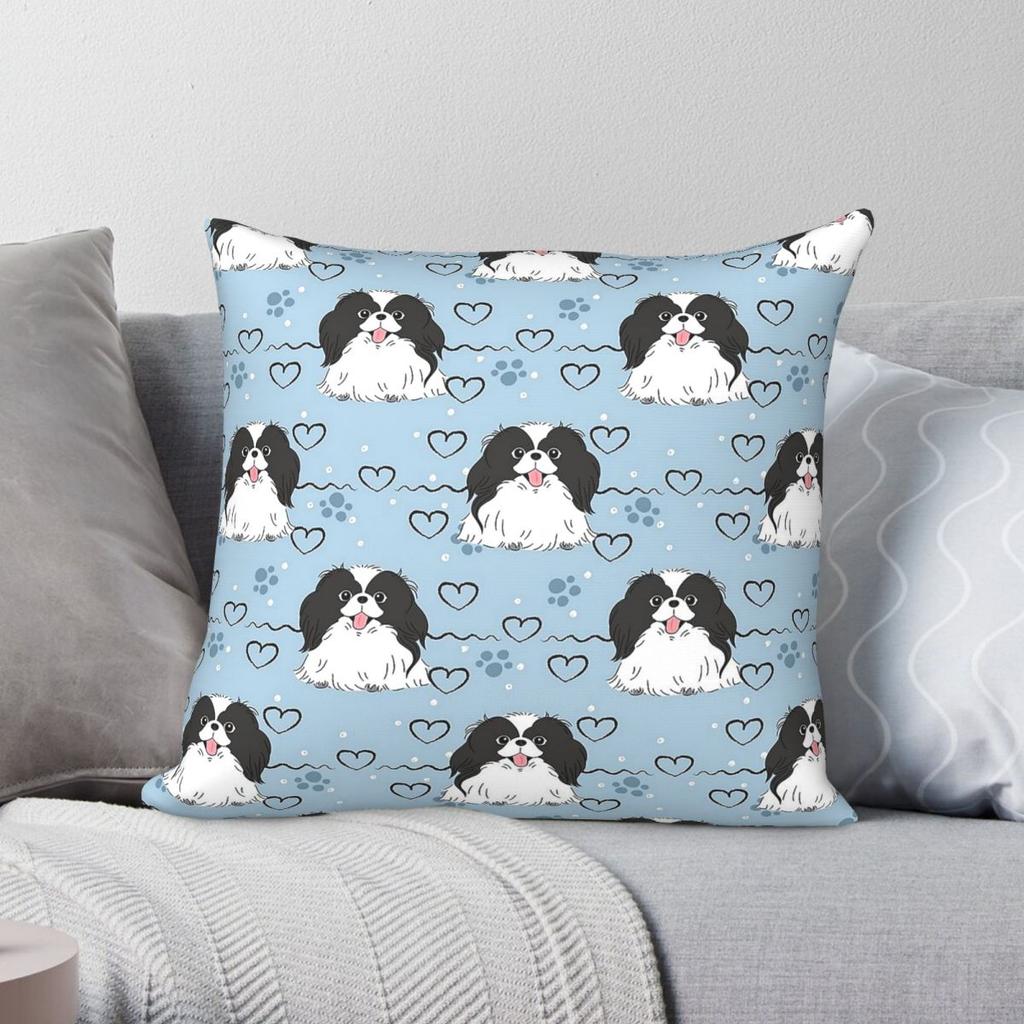 Black White Japanese Chin Pillowcase Polyester Linen Velvet Pattern Zip Decor Sofa Cushion Case x