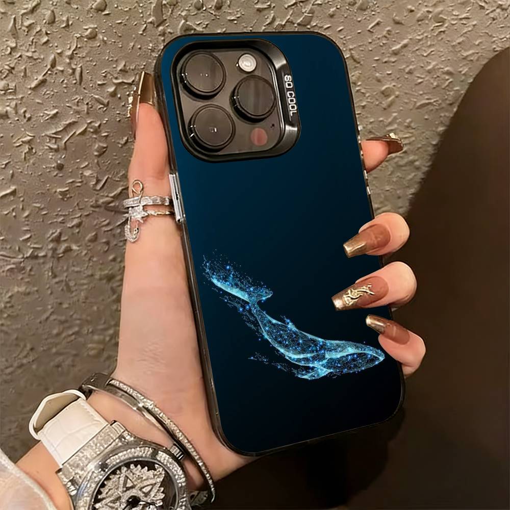 Line W-Whale Phone Case For iPhone 17,16,15,14,13,12,11 Plus,Pro Max,XS,Colored Silver Plated Inside Cover