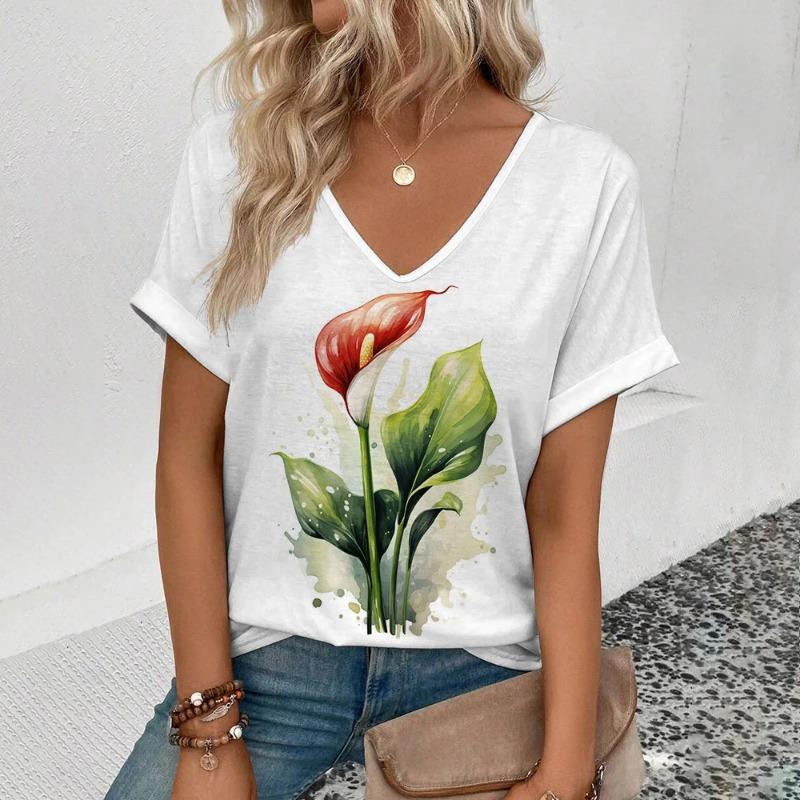 Tricou Fashion cu Imprimeu Floral 3D Femei Streetwear Vară Casual Tricouri Y2k Topuri Femeie Harajuku Tricouri cu Gât în V Haine Oversized