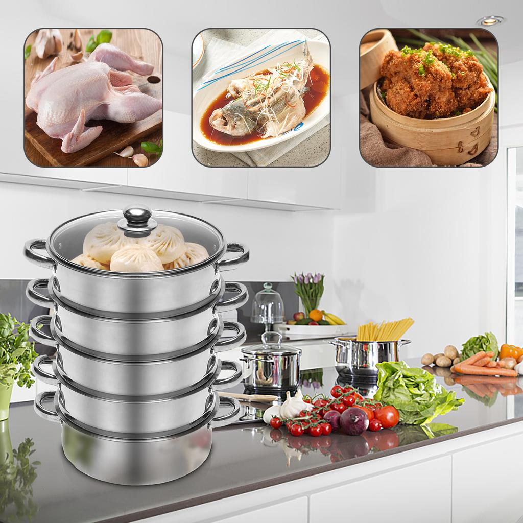 5-Tier Stainless Steel Food Steamer 26cm Meat Vegetable Steamer Pot Kitchen Cookware with Lid for Steaming Corn, Dumplings, Buns