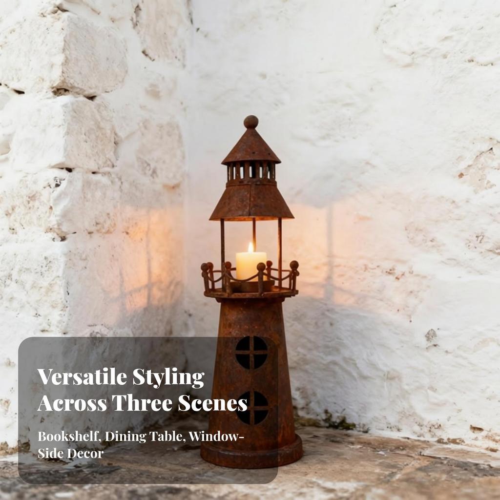 Metal Lighthouse Candle Holder with Rusted Finish Rustic for Mantel, Entryway