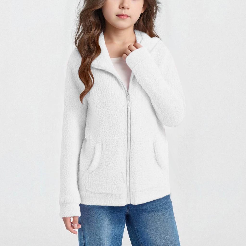Children's Autumn/Winter Warm Fleece Hooded Pocket Long-Sleeve Solid-Color Jacket
