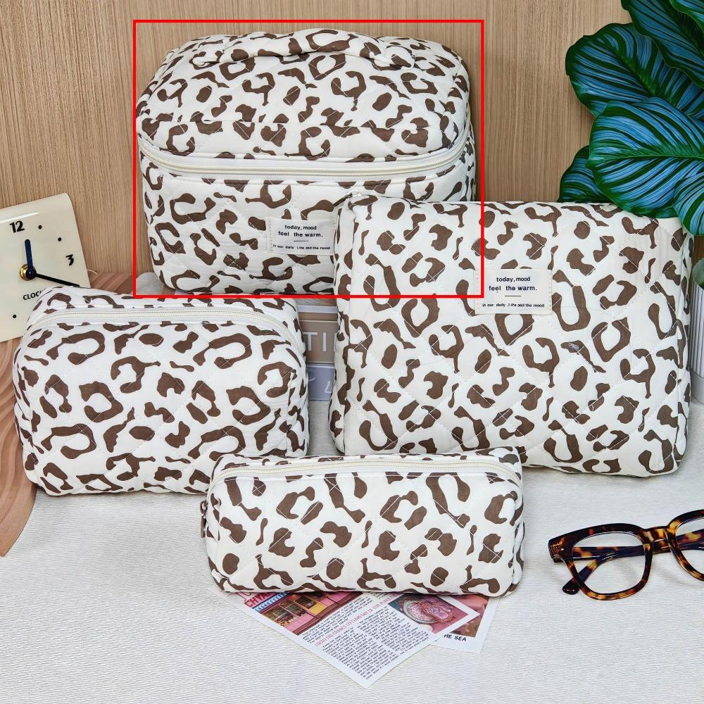 Quilted Cotton Handheld Makeup Bag Leopard Print Large Capacity Toiletry Bag Zipper Closure Portable Cosmetic Storage Organizer