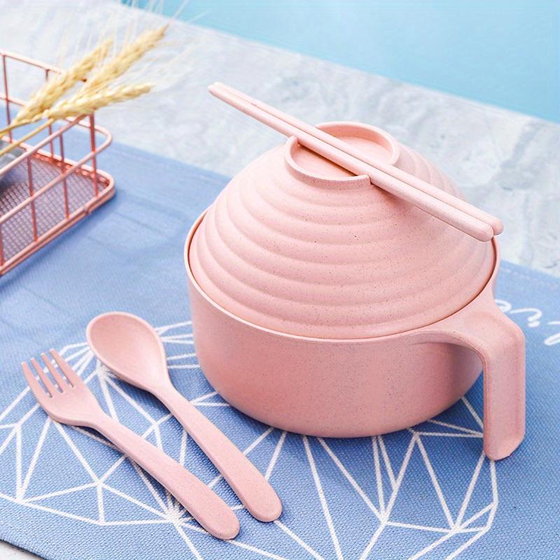 5pcs Wheat Straw Lamian Noodles Bowl and Lunch Box with Lid Spoon, Fork and Chopsticks Especially Suitable for Kitchen Tableware