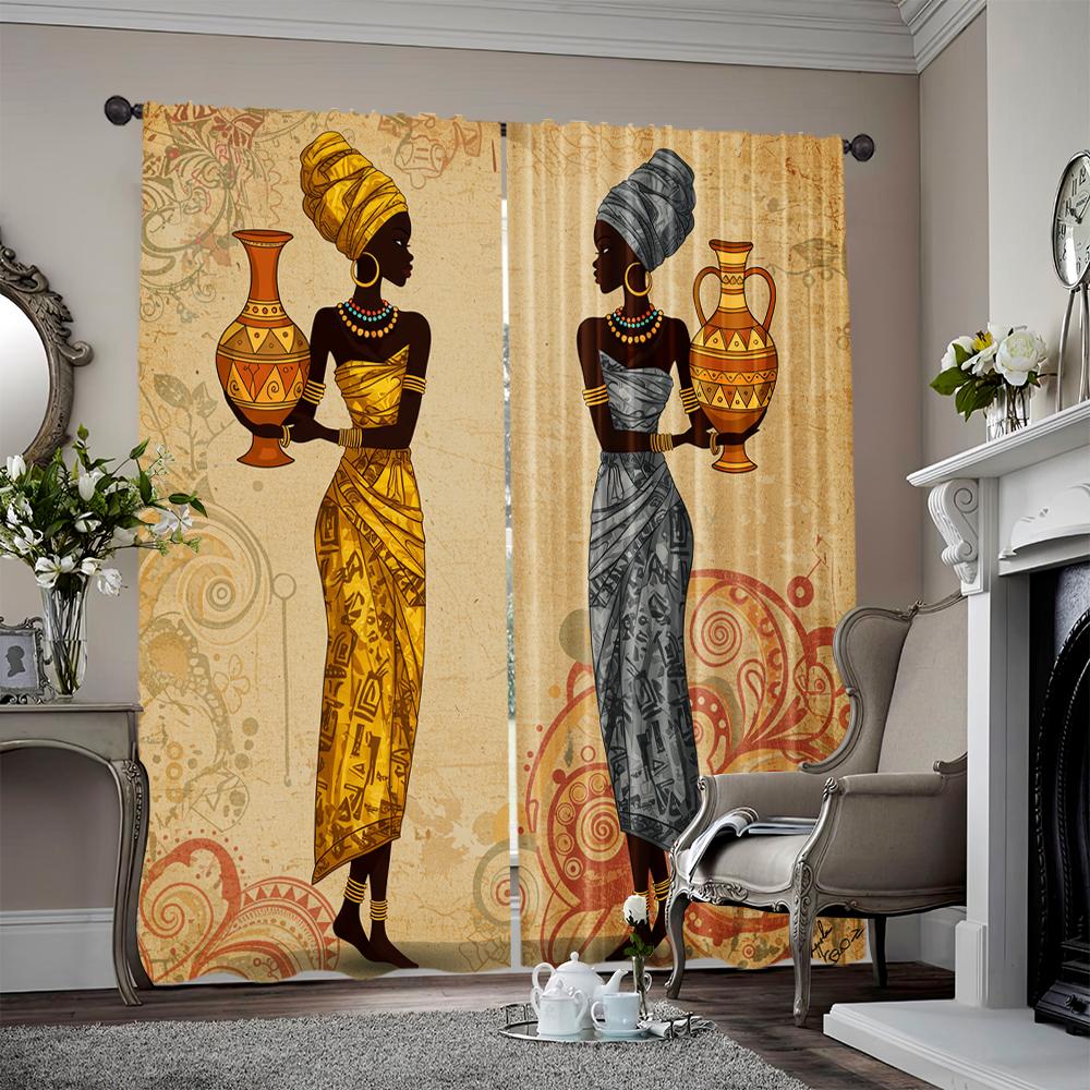 

Set Of 2 Scene Curtains Style Ladies Print Versatile Fabric Without Electricity Spring Party Holiday Decor Suitable Bohemian Made Polyester W100*H70(CM)-Rod Pocket&1PCS