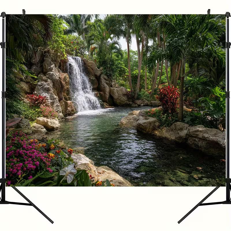 2D Tropical Nature Backdrop, Waterfall Palm Tree Pool Background for Home Decoration