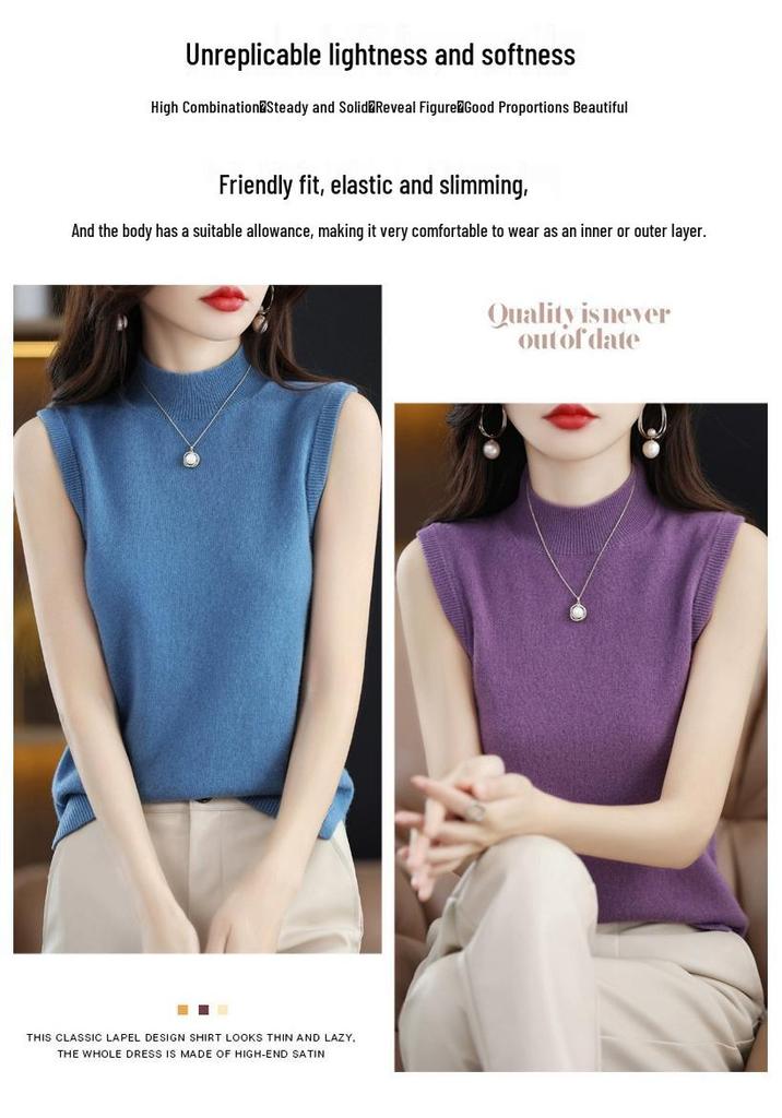 Women's Cashmere Sleeveless Pullover Sweater - Autumn 23 Collection, Solid Color, Half-High Neck, Straight Fit, Pure Wool Base Layer.