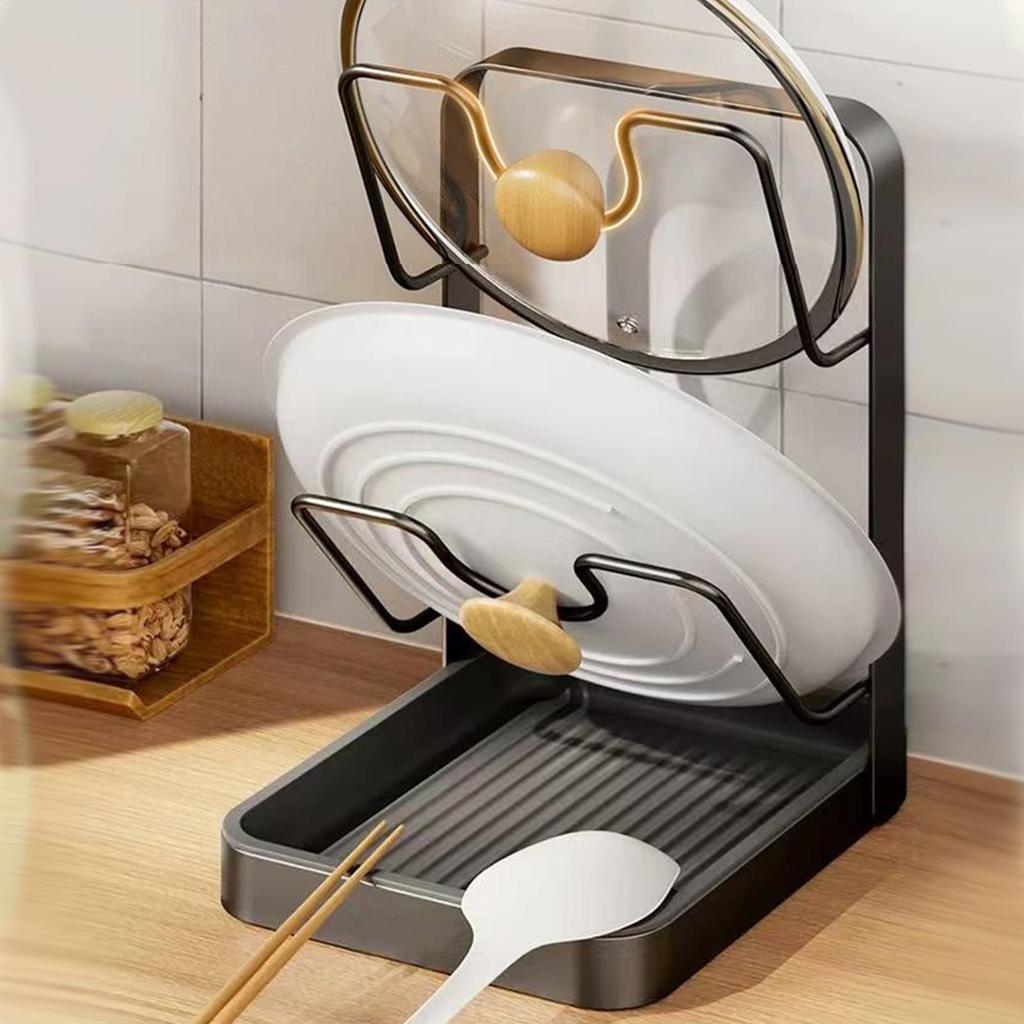 Pot Lid Holder Rack with Drain Tray Space Saving Kitchen Organizer for Pan Lid, Spoon Spatula, Cabinet Countertop Storage