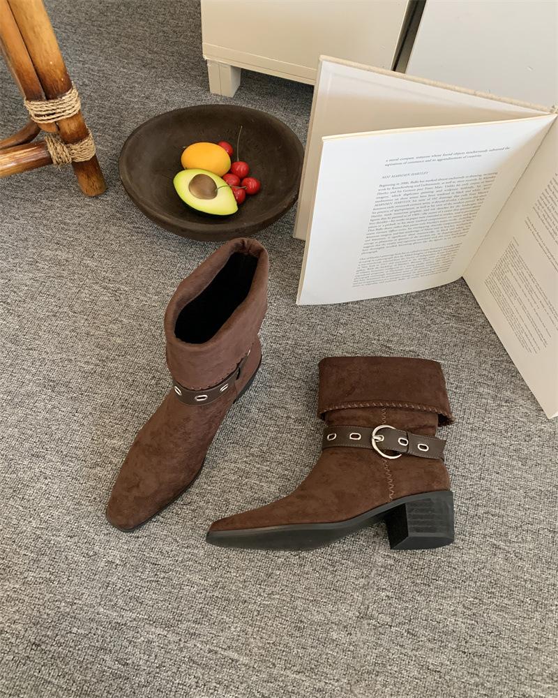 

Spot~ Lapel two wear wide tube stacking boots pointed western cowboy boots 2025 boots thick heel versatile medium boots 39 темно-коричневого