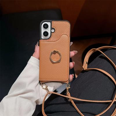Crossbody Rope Ring Stand Phone Case for IPhone 16 15 14 13 12 11 Pro Max X XR 7 8 Plus Leather Wallet with Card Holder Cover